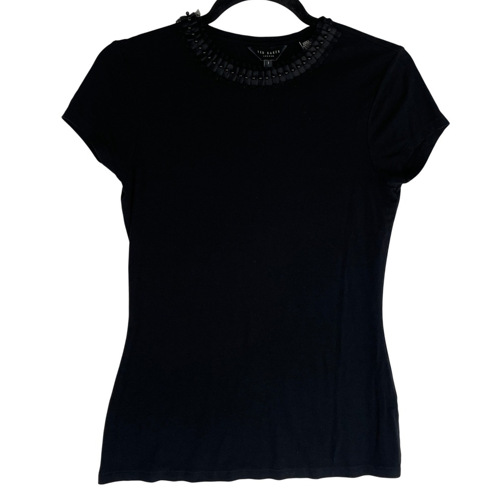 Ted Baker London Black Embellished‎ Neck Short Sleeve Top Blouse Size 1